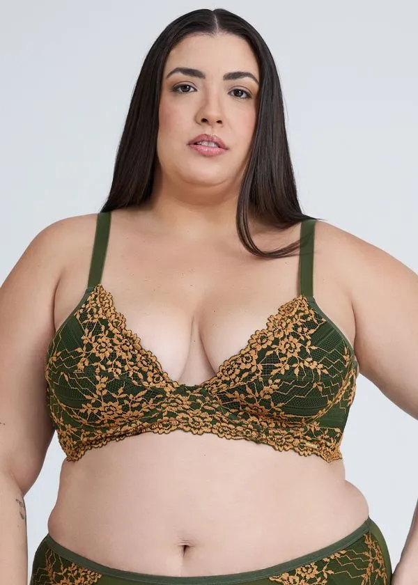 Sutiã Tradicional Com Bojo Em Microfibra e Renda Bicolor Plus Size Carol VERDE FLORESTA 52