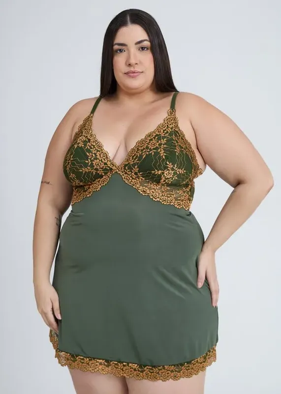 Camisola em Liganete Com Renda Bicolor Plus Size Carol VERDE FLORESTA 50