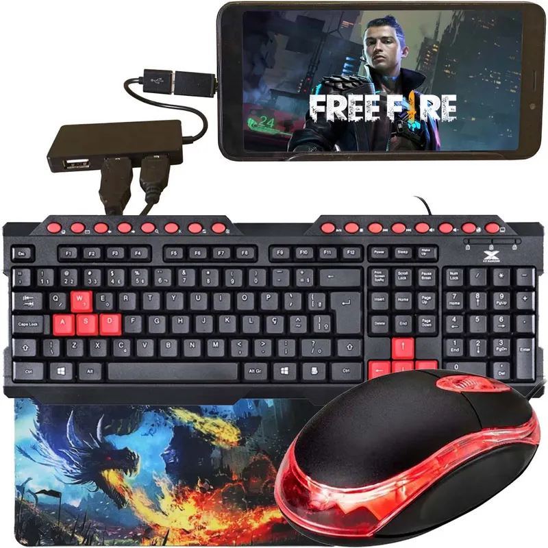 Kit Gamer Para Celular Com Teclado Dragon Preto e Vermelho + Mouse 800 Dpi + Pad Speed + Acessórios