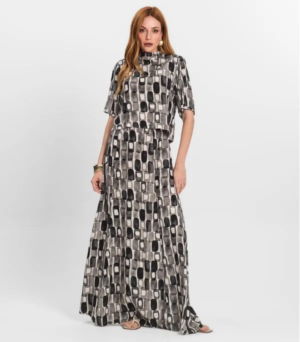 Saia Longa Feminina Estampada Endless Preto G