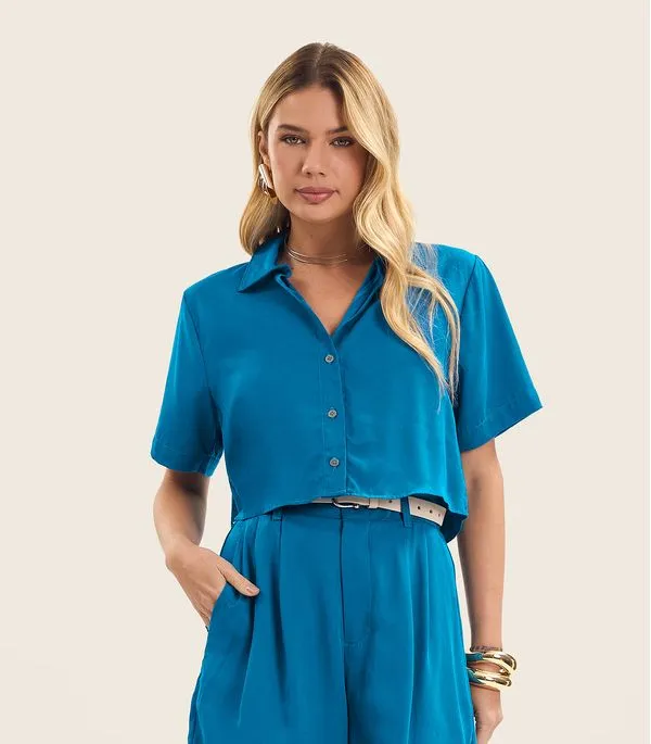Camisa Feminina Manga Curta Com Gola Endless Azul M