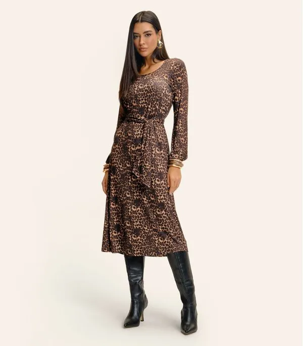 Vestido Midi Manga Longa Animal Print Endless Marrom GG