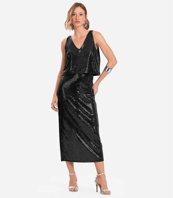 Saia Midi Com Lantejoula Endless Preto P