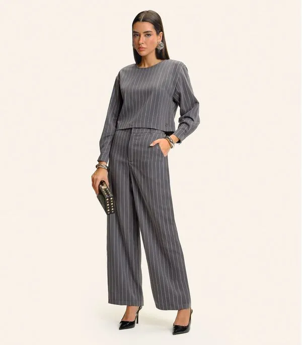 Calça Feminina Pantalona Twill Lurex Endless Cinza P