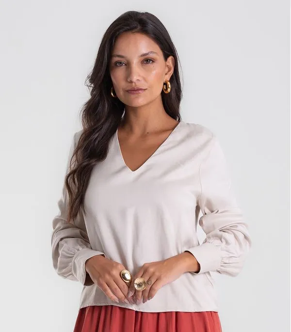 Blusa Feminina Manga Longa Decote V Endless Bege M