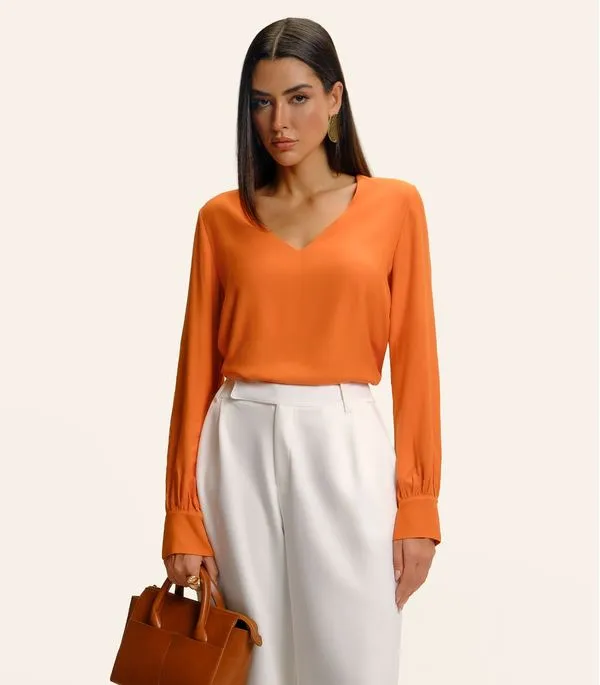 Blusa Feminina Manga Longa Decote V Endless Laranja G