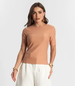 Blusa Feminina Manga Curta em Poly Endless Marrom M