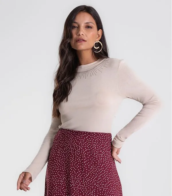 Blusa Feminina Manga Longa em Visco Tricot Endless Bege GG