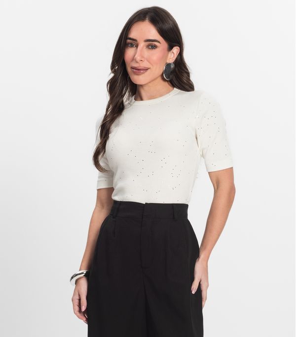 Blusa Feminina Manga Curta em Ribana Endless Bege M