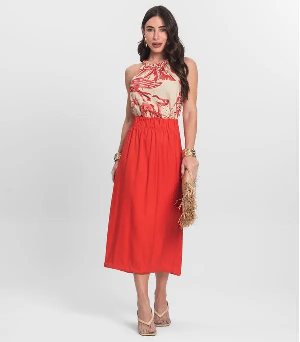 Saia Midi Feminina Em Alfaiataria Endless Laranja G