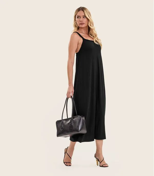Vestido Midi de Alça em Visco Maquinetada Endless Preto G
