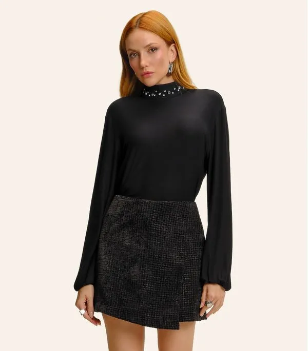 Blusa Feminina Manga Longa Gola Com Rebite Endless Preto M