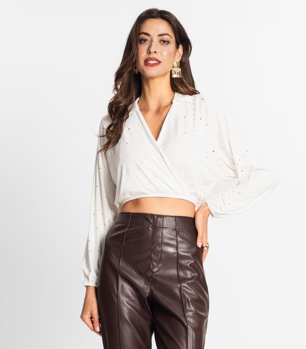 Camisa Feminina Manga Longa Com Strass Endless Bege G