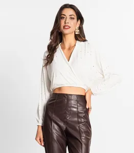 Camisa Feminina Manga Longa Com Strass Endless Bege G