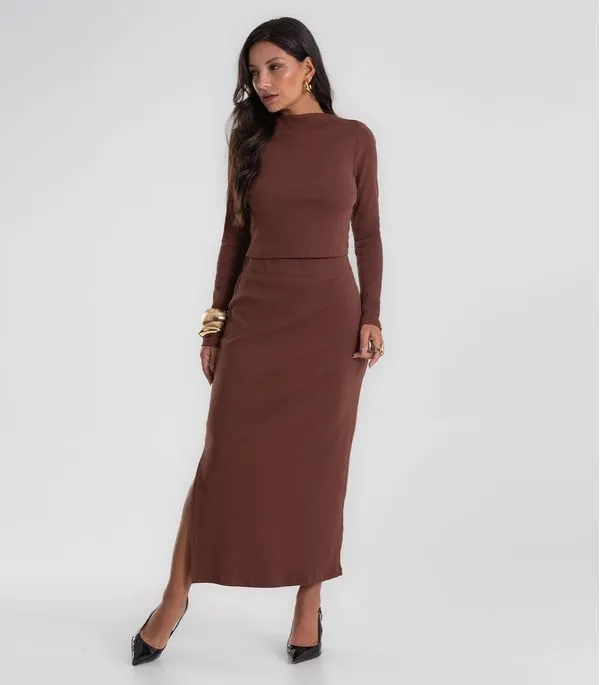 Conjunto Feminino Blusa com Saia Midi Endless Marrom PP