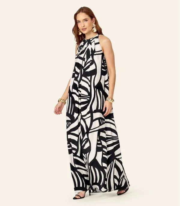 Vestido Feminino Longo Evasê Estampado Endless Preto GG