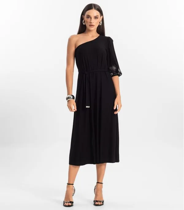 Vestido Midi em Viscose Creponada Endless Preto P