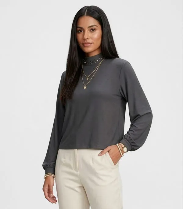 Blusa Feminina Manga Longa Gola Com Rebite Endless Cinza M