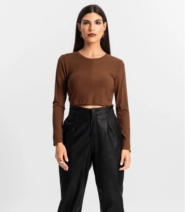Blusa Feminina Manga Longa Ribana Básica Endless Marrom G