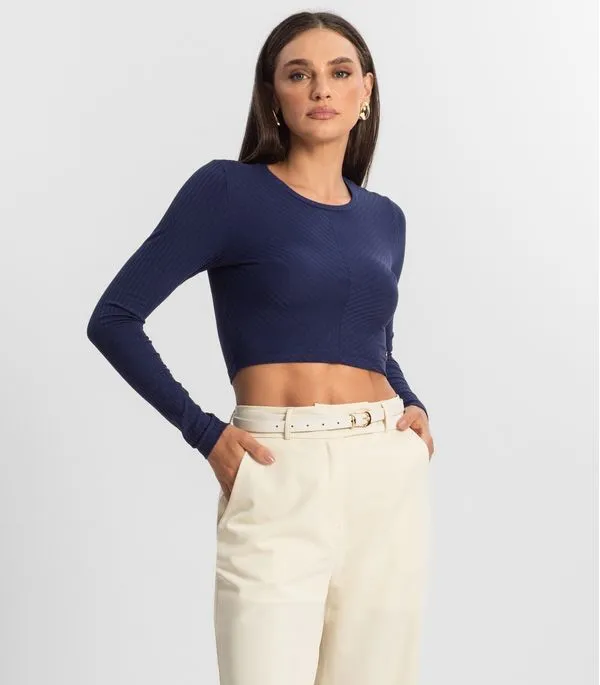 Blusa Feminina Manga Longa Ribana Básica Endless Azul G