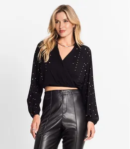 Camisa Feminina Manga Longa Com Strass Endless Preto M