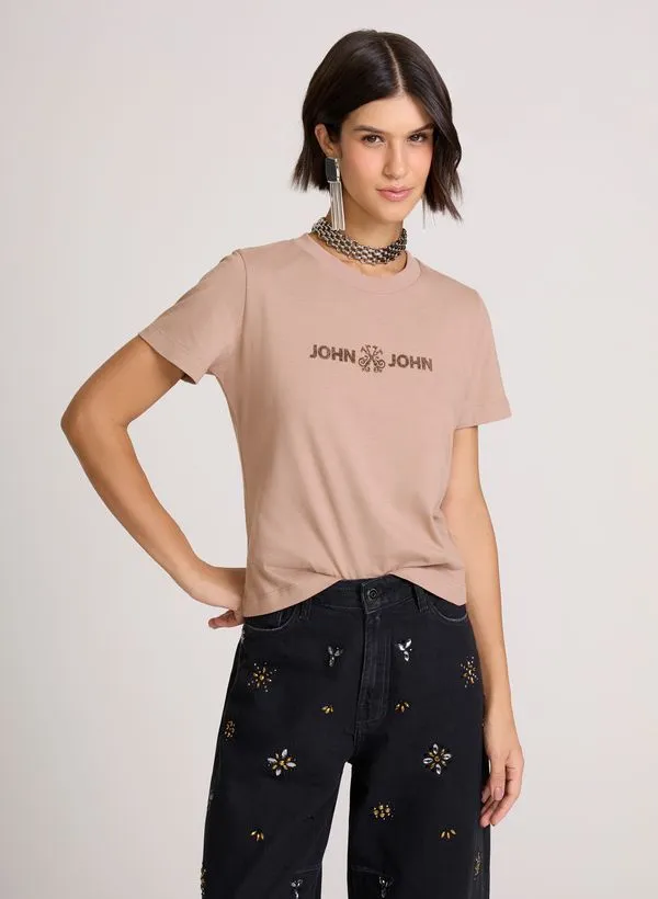 Camiseta Justa Basic Glitter Bege John John Feminina PP
