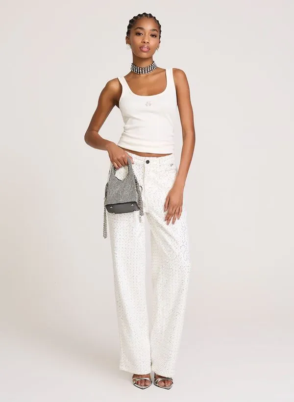 Calça Relaxed Fit Off White Paetês John John Feminina 48