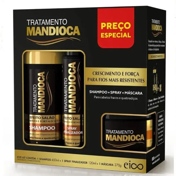 Eico - Mandioca - Kit Shampoo 450ml + Spray 120ml + Máscara 270g