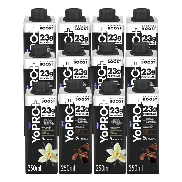 Kit Yopro Recovery Boost 23g Proteína 12 uni 6 Sabor Chocolate + 6 Sabor Baunilha 250ml Cada