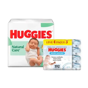 Kit Huggies Fralda Premium Natural Care Recém-Nascido 34 Unidades + Lenços Umedecidos RN Sem Fragrância 192 Unidades