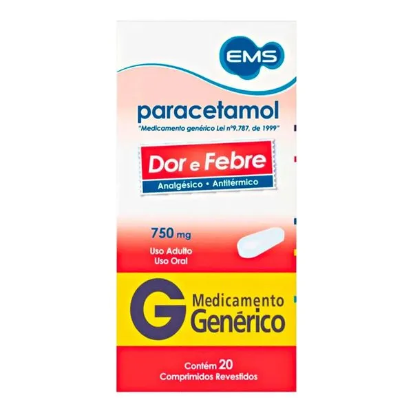 Analgésico e Antitérmico Paracetamol 750mg Genérico EMS 20 Comprimidos