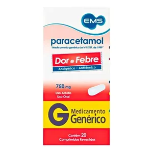 Analgésico e Antitérmico Paracetamol 750mg Genérico EMS 20 Comprimidos
