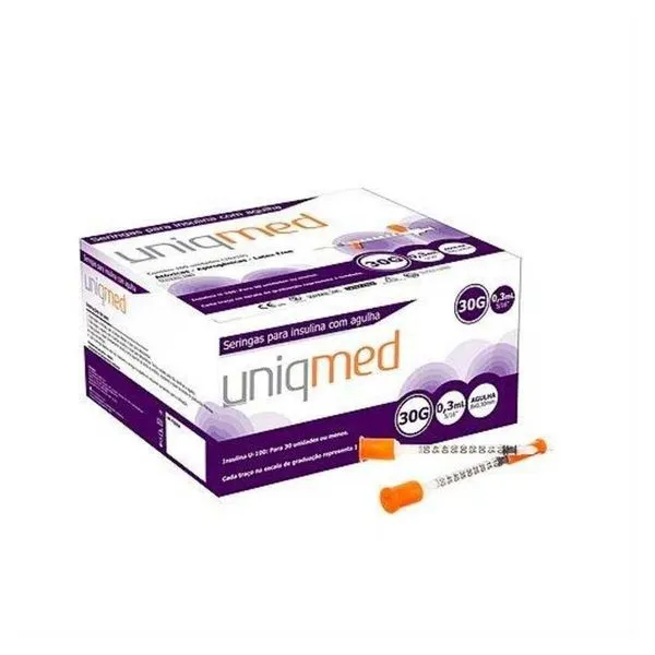 Kit Seringas para Insulina com Agulha Uniqmed 30G 0,3ml (8x0,30mm) 100 Unidades