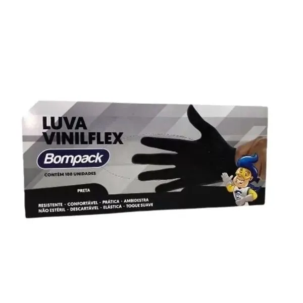 Luva Vinilflex Bompack Sem Pó Preta P Com 100 Unidades
