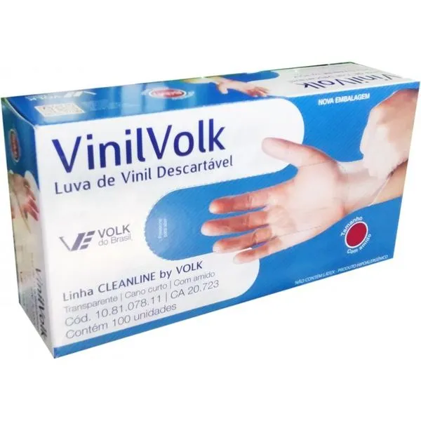 Luva de Vinil Volk Pequena Transparente Sem Amido 100un