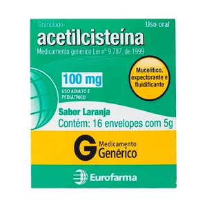 Acetilcisteína 100mg Sabor Laranja Granulado 16 Envelopes Genérico Eurofarma