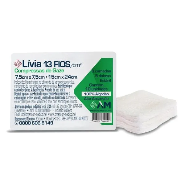 Compressa de gaze Livia 13 fios 10 unidades