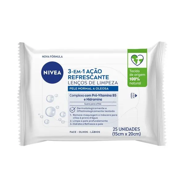 Lenços Demaquilantes Nivea 3 em 1 Ação Refrescante 25 Unidades