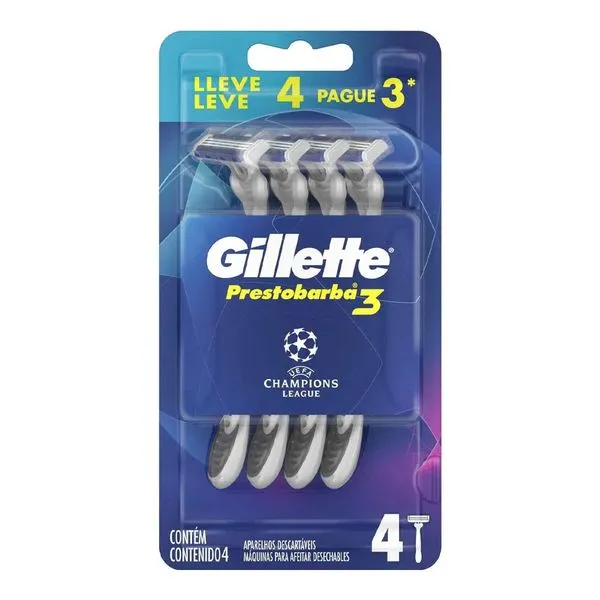 Kit Aparelho de Barbear Gillette Prestobarba3 Champions League 4 Unidades