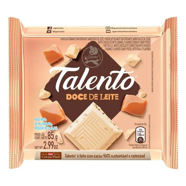 Tablete de Chocolate Branco Talento Doce de Leite 85g Garoto