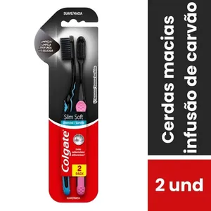 Escova Dental Colgate Slim Soft Black Infusão de Carvão Cerdas Macia Cores Sortidas 2 Unidades