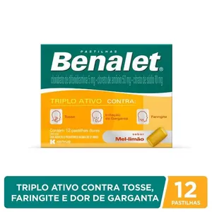 Benalet 5mg Alivio da Tosse e Dor de Garganta Sabor Mel e Limão 12 Pastilhas