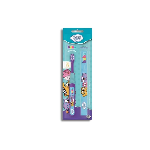 Escova Dental Flock Baby Bubu Powerdent Infantil Cerdas Macias com Estojo 1 Unidade