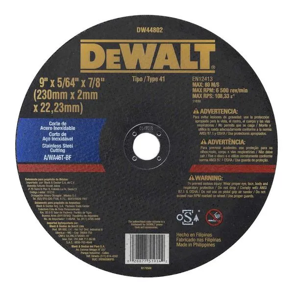 Disco de corte 230mmx2,0mmx22,23mm para aço e inox corte fino DW44802 DEWALT