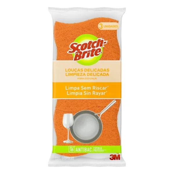 Esponja Laranja Não Risca Louças Delicadas Scotch-Brite Antibac 3 Unidades