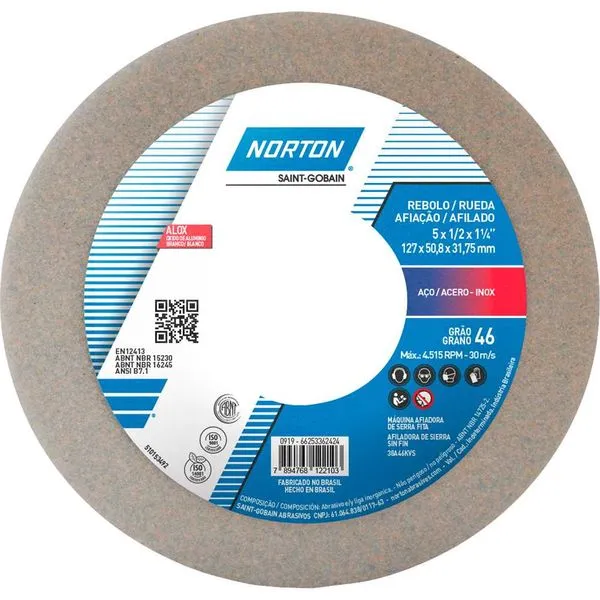 Rebolo copo reto 127 mm x 50,8 mm x 31,8 mm 38A grão 46 - NORTON