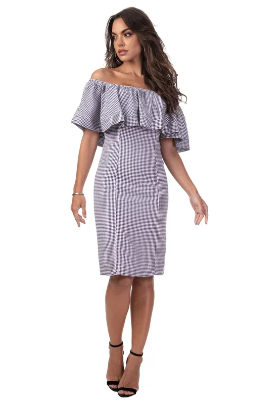 Vestido Midi Vichy Guess Azul Claro