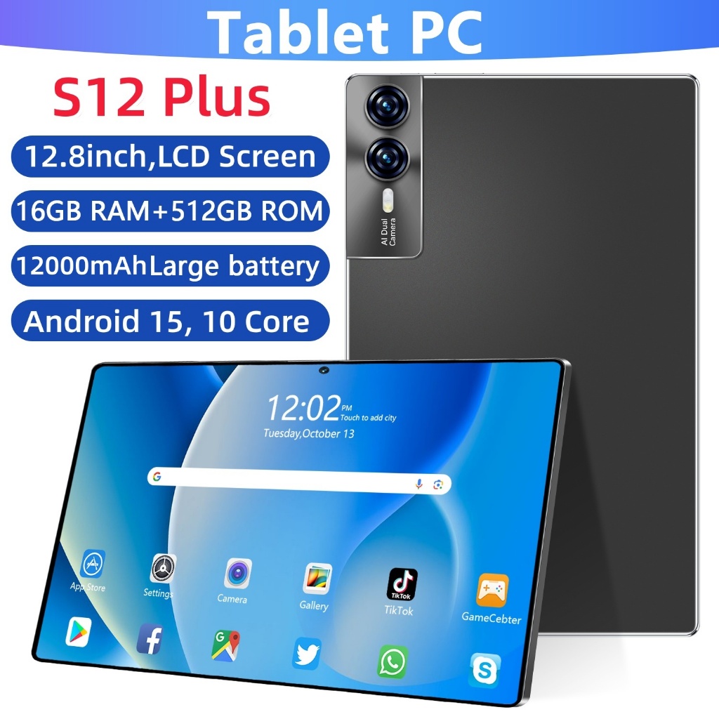 【Teclado e Mouse Grátis】Tablet S12 Plus de 12,8 polegadas, 16 GB de RAM e 512 GB de armazenamento | Bateria de 12000 mAh