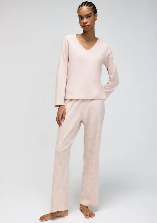 Pijama Longo Feminino Decote V - Rosa G