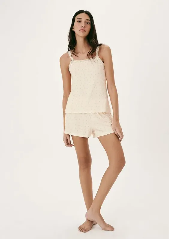 Pijama Curto Feminino Estampado - Creme G